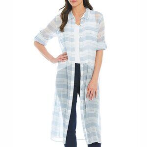 Calvin Klein Large Blue Stripe Crinkled Woven Roll-Tab Sleeve Button Tunic Sheer